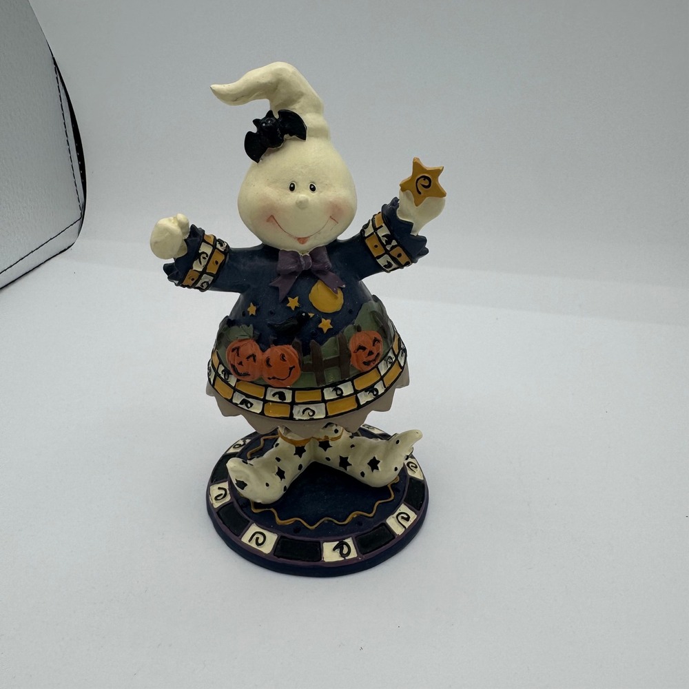 Halloween Bobbing Ghost Figurine Pumpkin Dress Bat Bow H2015 6.25 Inch